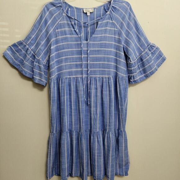 Signature by Robbie Bee Boho Blue and White Stripe Tiered Dress Bell Sleeve Sz S - Picture 2 of 12